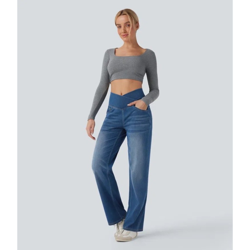 Halara Flex Crossover Pants L NEW Tummy Control Wide straight Leg Denim Look